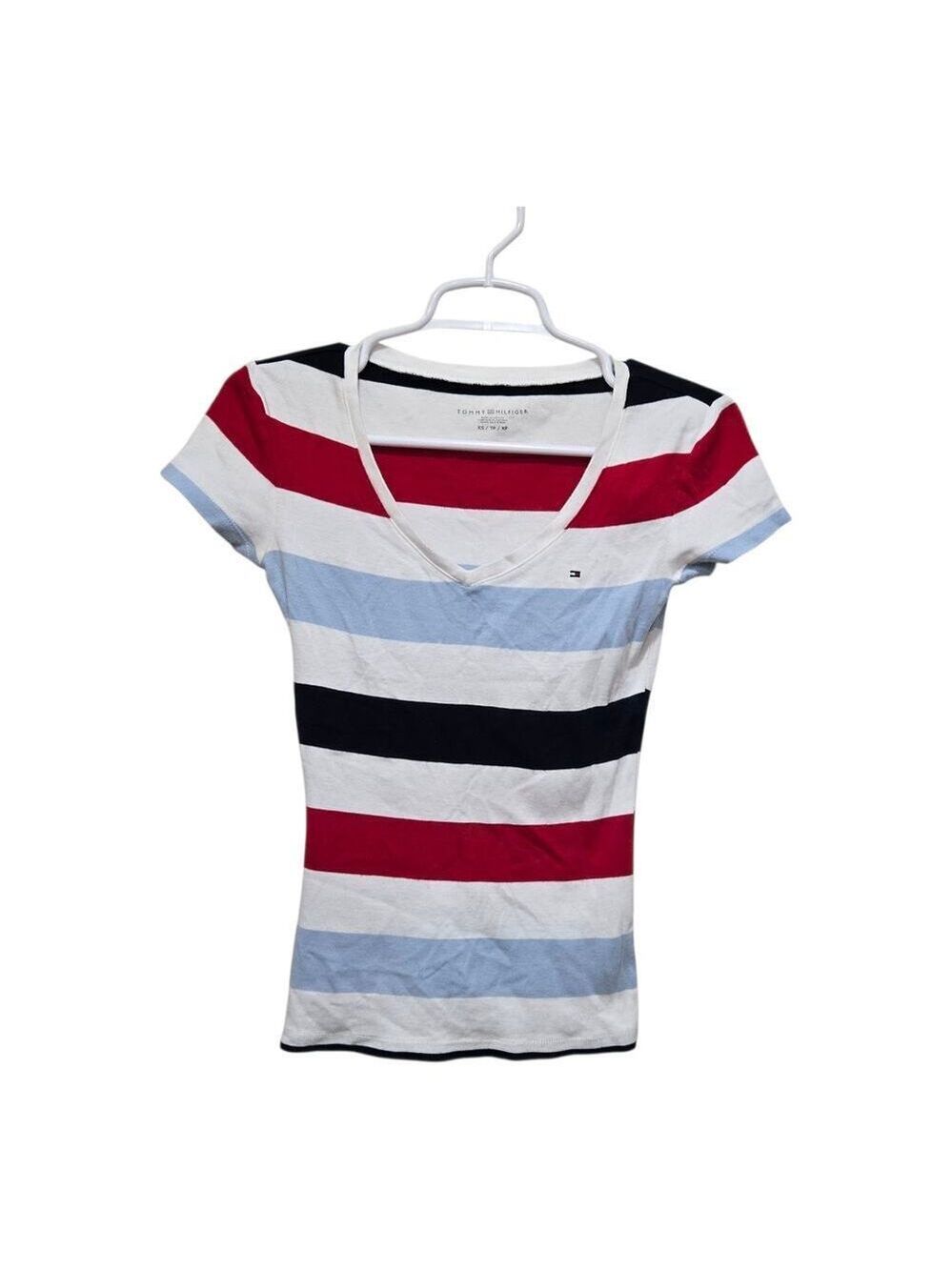 Tommy Hilfiger Striped V Neck Tee XS Red White Blue Preppy